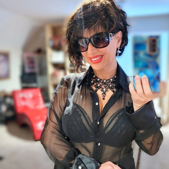 ABS Allen Schwartz Tops - Sheer black blouse with rhinestone buttons